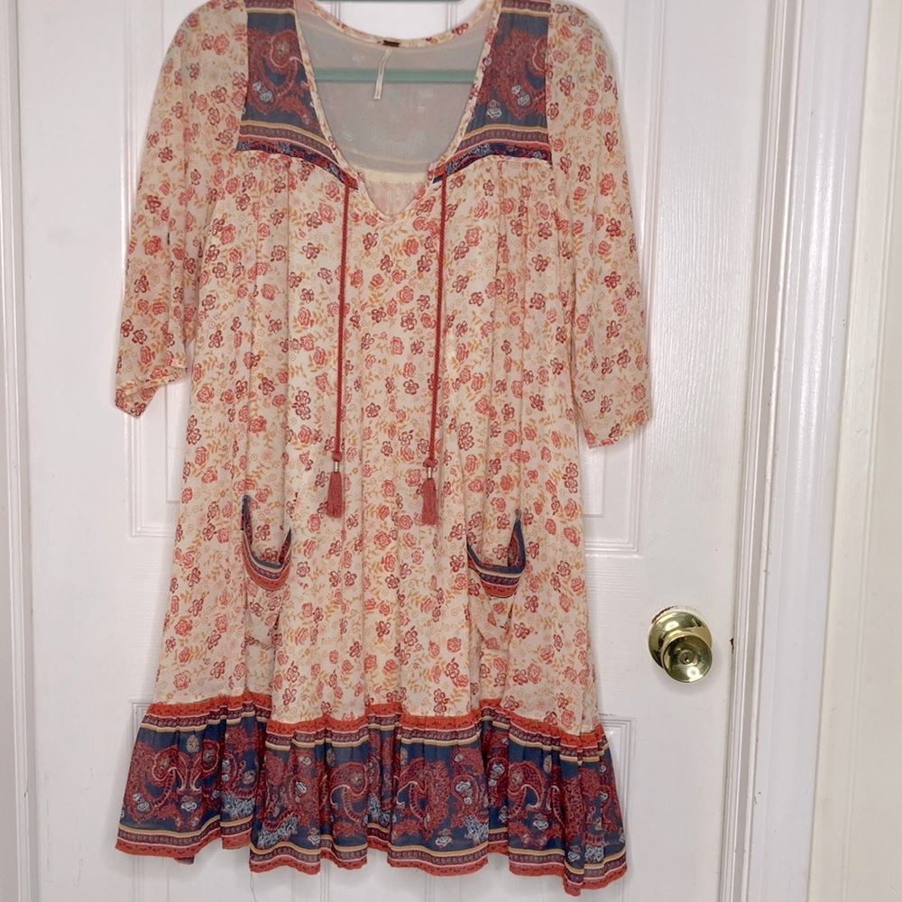 Free People Dream Lover White and Floral Striped Peasant Tunic Size Med